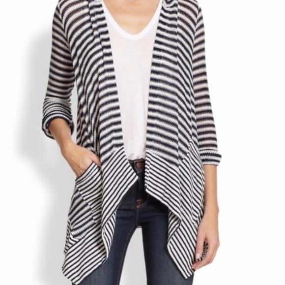 Splendid Nautical Beach Sweater Open Front Cardigan Navy White Size Small Hood - Picture 2 of 6